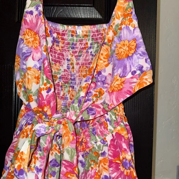 Floral Smocked Romper - Bodice with Tie Detail - Pink, Purple & Orange - Size S - Picture 5 of 6